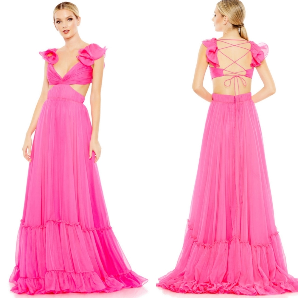 Mac Duggal Ruched Ruffled Shoulder Cut out lace up Gown in Hot Pink Size 4